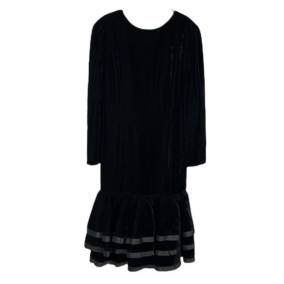 Vintage Louis Feraud Black Velvet Dress Low V-Back Ruffles Bow SIze 10 - Picture 3 of 16